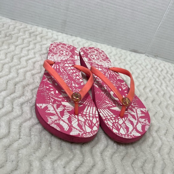 Tory Burch Shoes - Tory Burch Women’s Size 6.5M Pink Floral Rubber Beach Flip Flop EUC